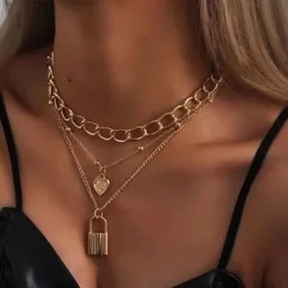 Gold tone chunky chain Heart Lock Multilayer Necklace